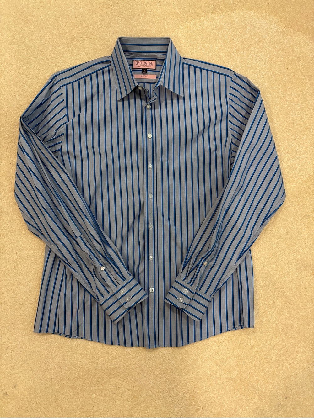 Thomas Pink Blue Vertical Stripe Dress Shirt